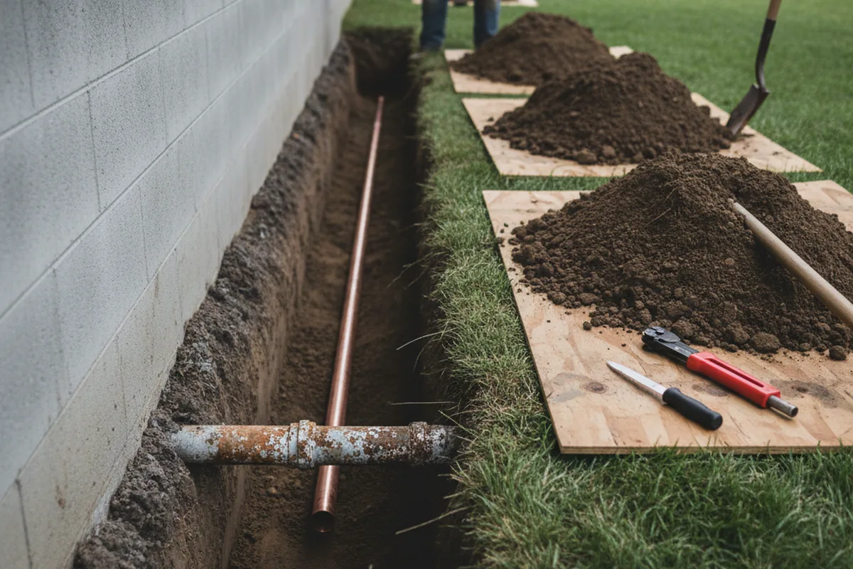 Excavated water line trench during Water Softener Installation in Attica